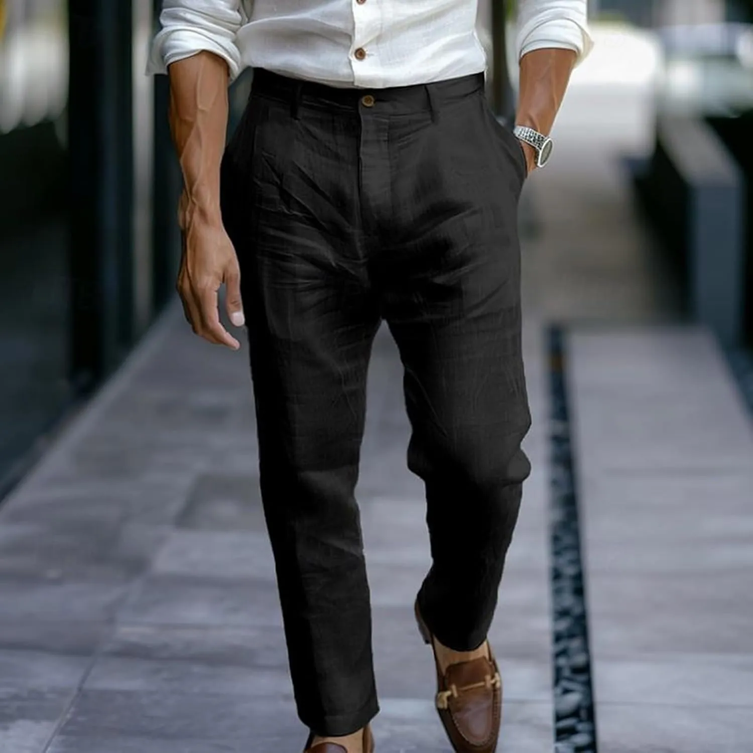 Men's Pants Linen Pants Solid Color Straight Business Summer Casual Comfortable Beach Fashion Slim Fit Dress Pant