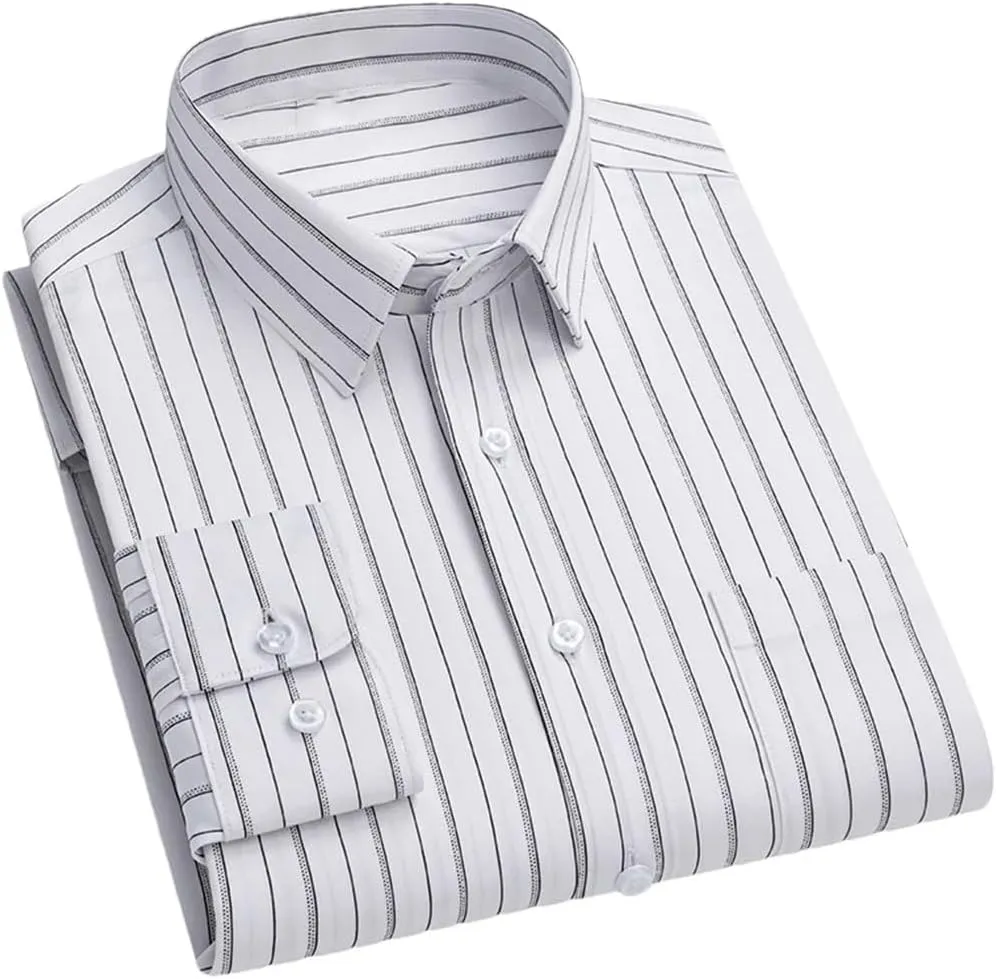Men's Slim Fit Stretch Dress Shirt - Long Sleeve Anti-Wrinkle Business Shirt, Stripe Office Blouse