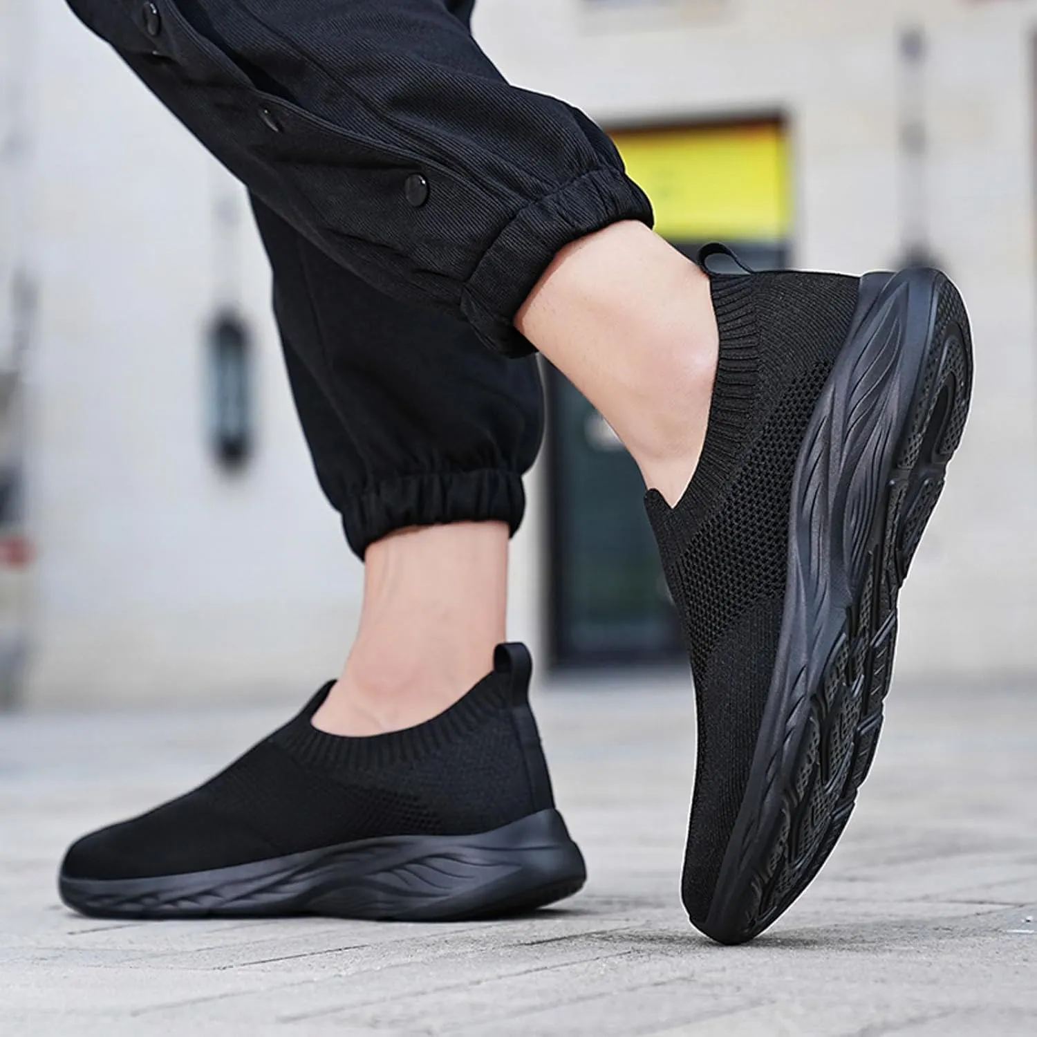 Men's Slip On Sock Shoes Breathable Elastic Knit Sneakers Lightweight Cushion Walking Shoes Non Slip Elderly Shoe
