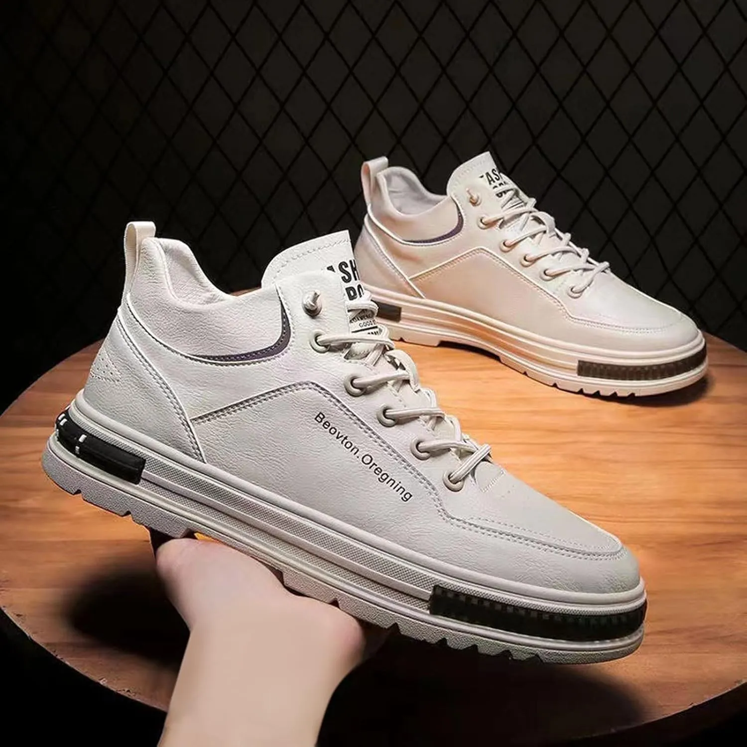 Men's Solid Color Casual Flat Leather Shoes Fashion Lace Up Loafers Sneaker Crease Shield Men Shoes