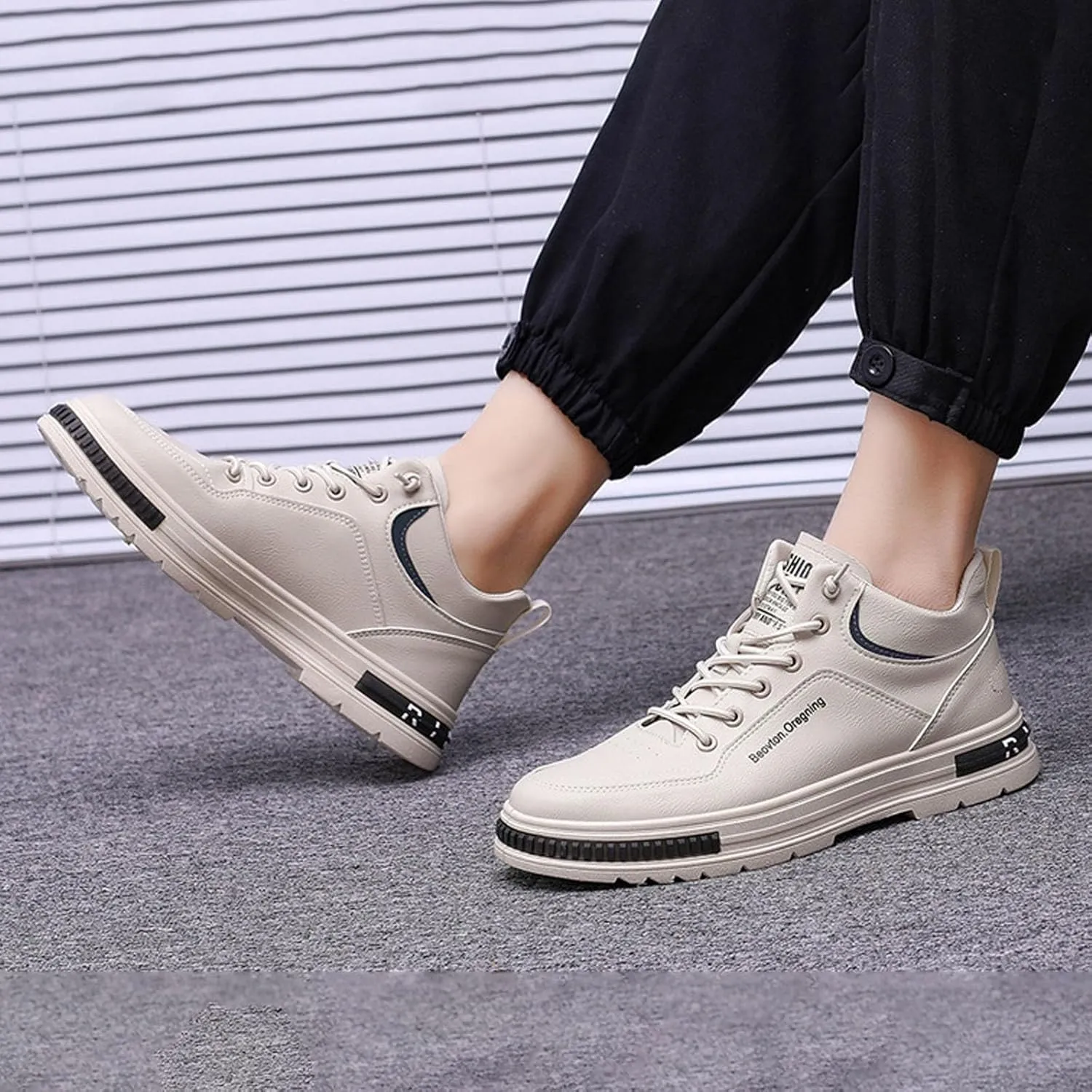 Men's Solid Color Casual Flat Leather Shoes Fashion Lace Up Loafers Sneaker Crease Shield Men Shoes