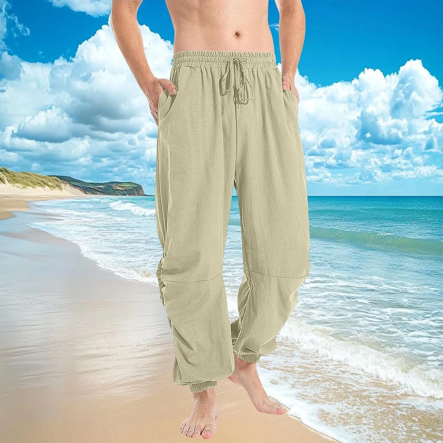 Men's Summer Linen Pant Casual Regular Fit Hemmed Dress Pants Loose Fit Drawstring Elastic Waist Trousers Comfortable