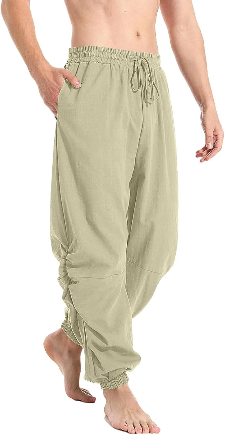 Men's Summer Linen Pant Casual Regular Fit Hemmed Dress Pants Loose Fit Drawstring Elastic Waist Trousers Comfortable