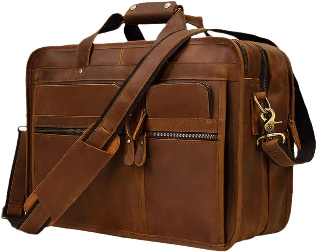 Mens Vintage Leather Briefcase With Pockets Cowhide Bag Business Crazy Horse Laptop Bags