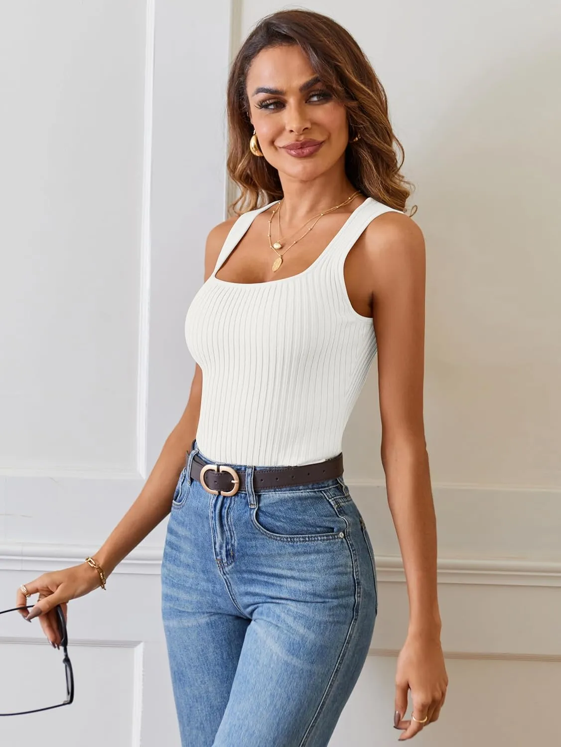MEROKEETY Women's 2025 Ribbed Tank Tops Knit Square Neck Sleeveless Shirts Summer Casual Basic Tanks