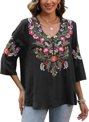 Mexican Embroidered Tops for Women Boho Chic Short Sleeve V Neck Blouse 3/4 Sleeve Floral Casual Summer T-Shirt