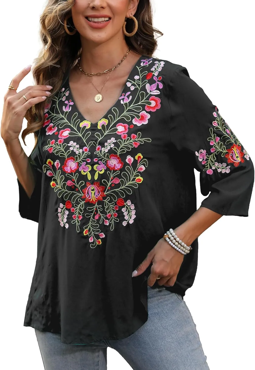 Mexican Embroidered Tops for Women Boho Chic Short Sleeve V Neck Blouse 3/4 Sleeve Floral Casual Summer T-Shirt