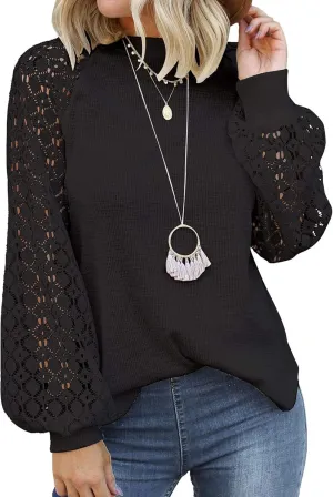MIHOLL Womens Long Sleeve Tops Lace Casual Loose Blouses T Shirts