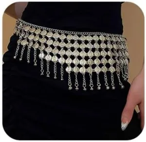 Missgrace Vintage Waist Chains for Women Silver Body Chains Layered Cuban Beads Rope Coin Bell Pendant Belly Belt Body Chains Adjustable Bikini Body Jewelry for Women