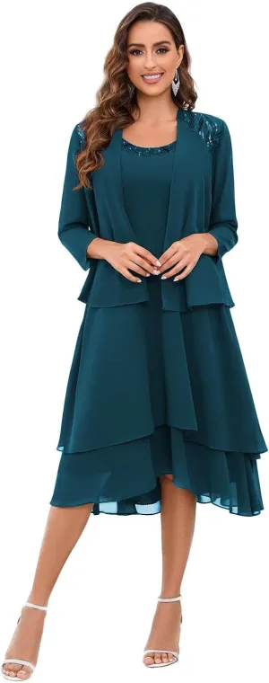 Modern Wedding Dress for Mother of The Bride 2 Piece Mother of Groom Peacock Chiffon Formal Evening Dresses Size 16