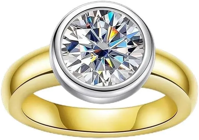 Moissanite Engagement Ring | Classic Bezel Ring | Lab Grown 3 Carat Diamond & 18K Gold Plated Rings| S925 Sterling Silver Rings | Moissanite Ring | Gold Rings for Women