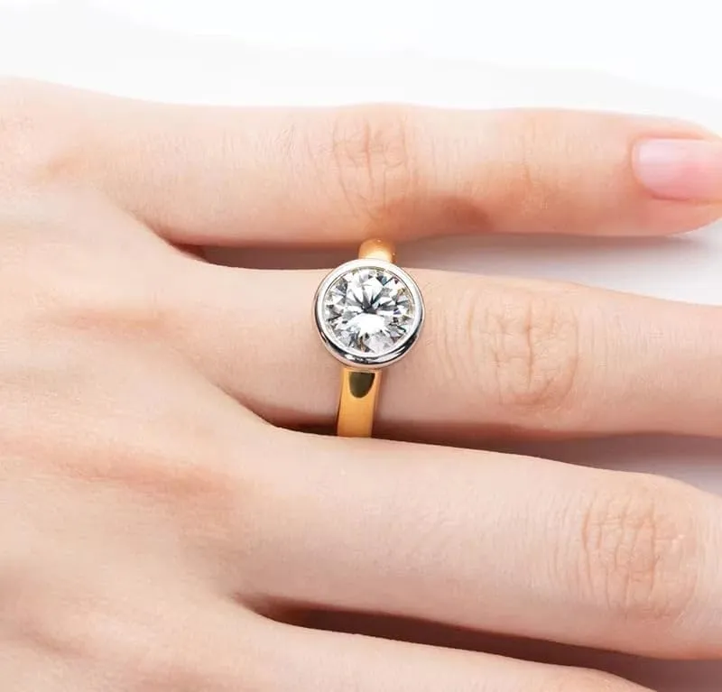 Moissanite Engagement Ring | Classic Bezel Ring | Lab Grown 3 Carat Diamond & 18K Gold Plated Rings| S925 Sterling Silver Rings | Moissanite Ring | Gold Rings for Women