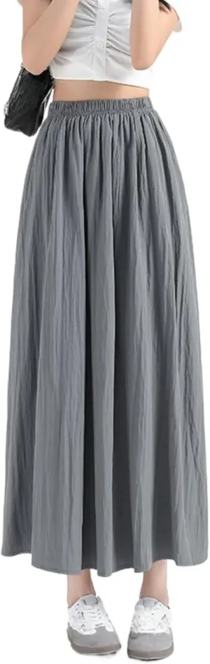 Monkay Cotton Linen Maxi Skirt for Women High Waist Elastic A-Line Flowy with Pockets Lightweight Basic Fashion Chic Beach