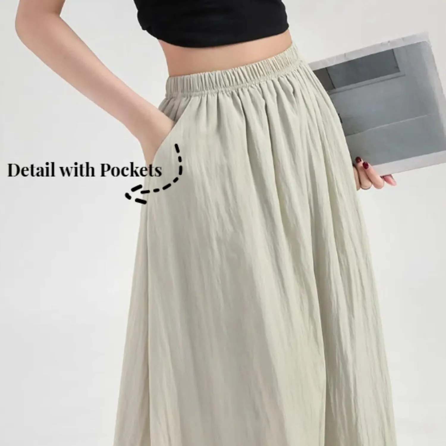 Monkay Cotton Linen Maxi Skirt for Women High Waist Elastic A-Line Flowy with Pockets Lightweight Basic Fashion Chic Beach