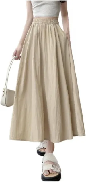 Monkay Cotton Linen Maxi Skirt for Women High Waist Elastic A-Line Flowy with Pockets Lightweight Basic Fashion Chic Beach