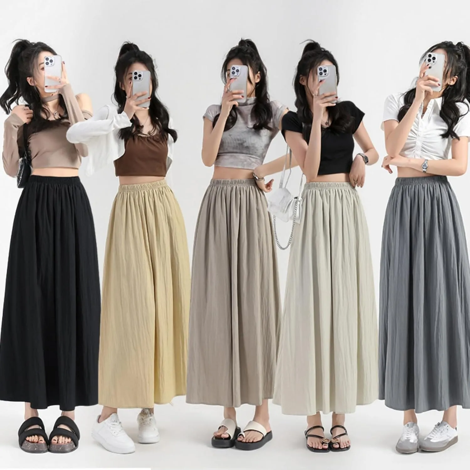 Monkay Cotton Linen Maxi Skirt for Women High Waist Elastic A-Line Flowy with Pockets Lightweight Basic Fashion Chic Beach