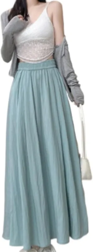 Monkay Cotton Linen Maxi Skirt for Women High Waist Elastic A-Line Flowy with Pockets Lightweight Basic Fashion Chic Beach