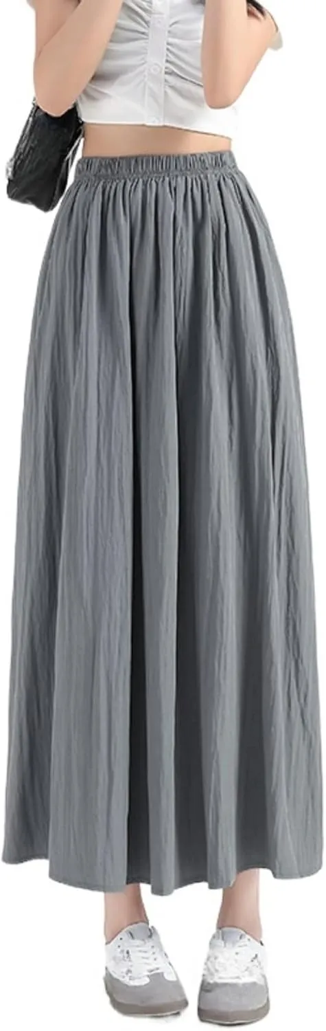 Monkay Cotton Linen Maxi Skirt for Women High Waist Elastic A-Line Flowy with Pockets Lightweight Basic Fashion Chic Beach