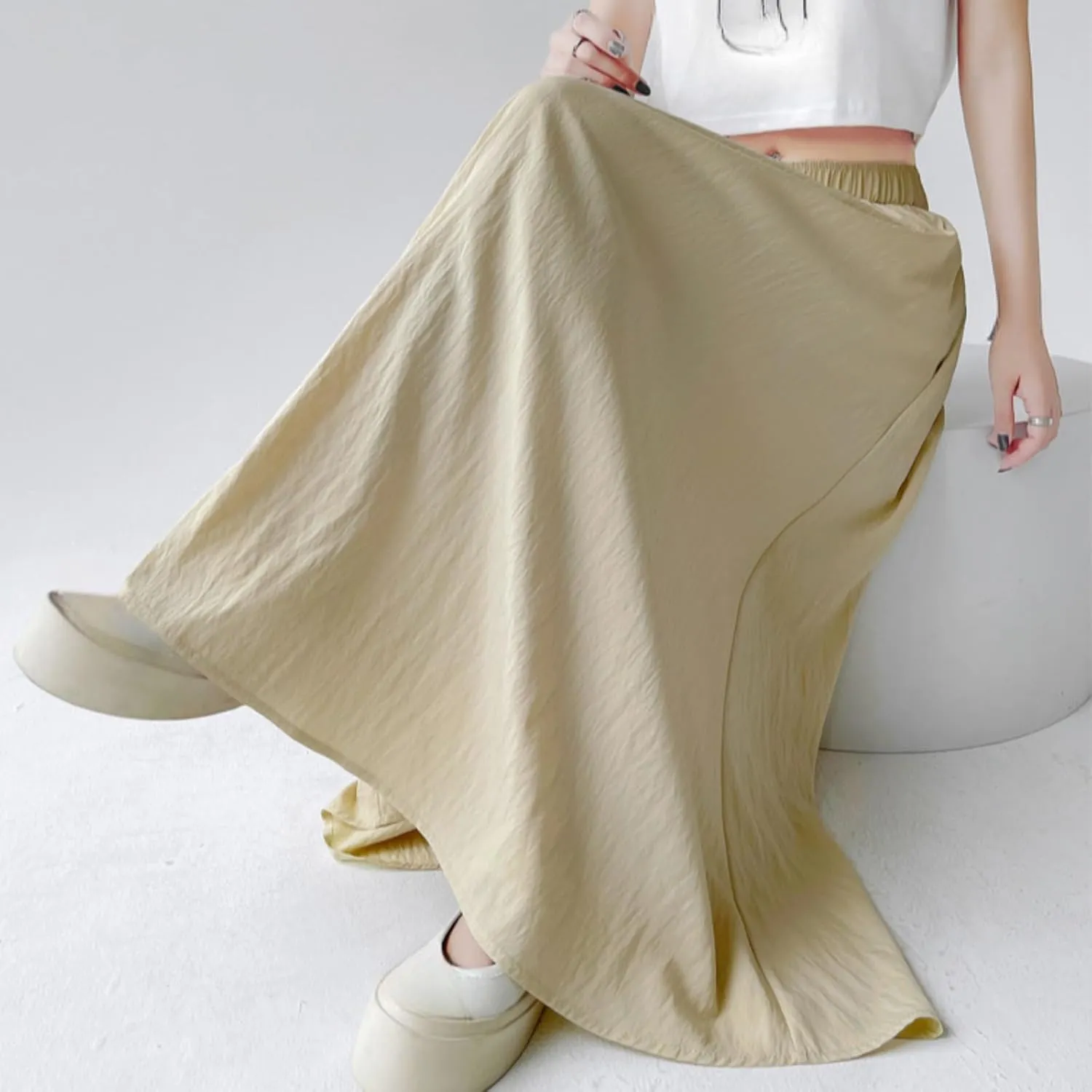 Monkay Cotton Linen Maxi Skirt for Women High Waist Elastic A-Line Flowy with Pockets Lightweight Basic Fashion Chic Beach