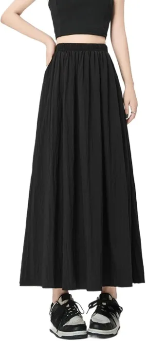 Monkay Cotton Linen Maxi Skirt for Women High Waist Elastic A-Line Flowy with Pockets Lightweight Basic Fashion Chic Beach