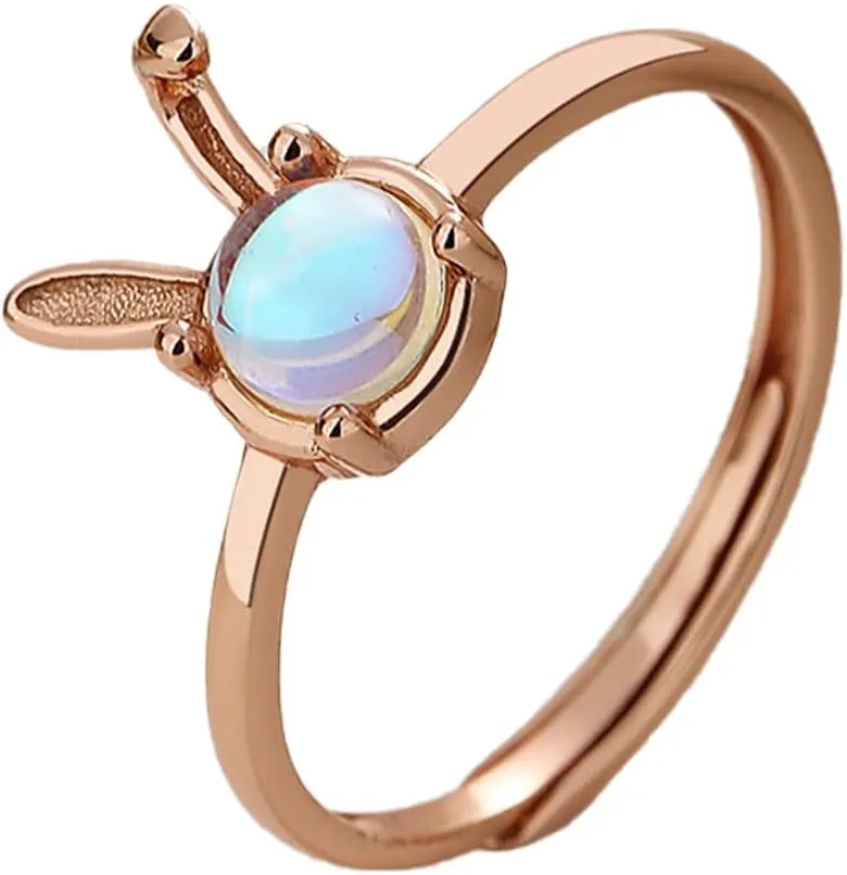 Moonstone Rabbit Statement Ring for Women 925 Sterling Silver Lovely Bunny CZ Crystal Open Finger Band Stacking Rings Promise Bands