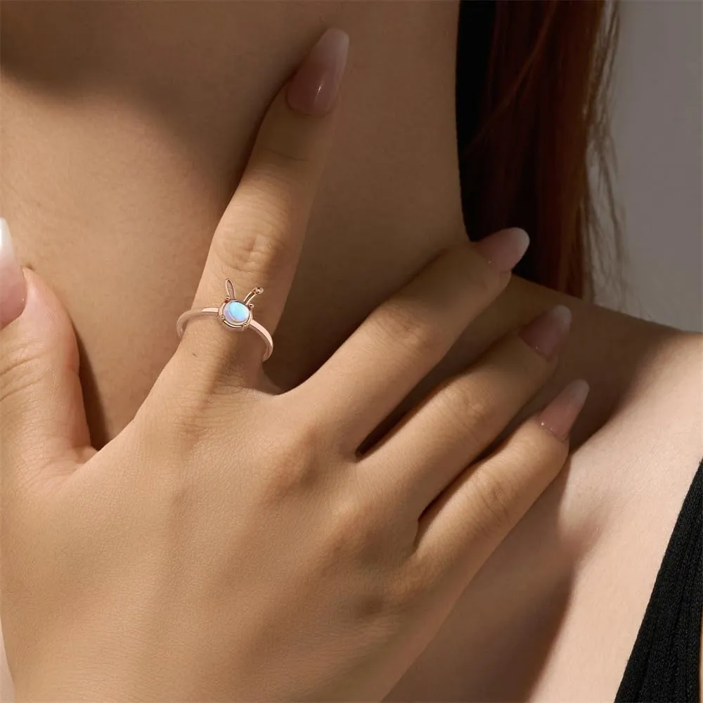 Moonstone Rabbit Statement Ring for Women 925 Sterling Silver Lovely Bunny CZ Crystal Open Finger Band Stacking Rings Promise Bands