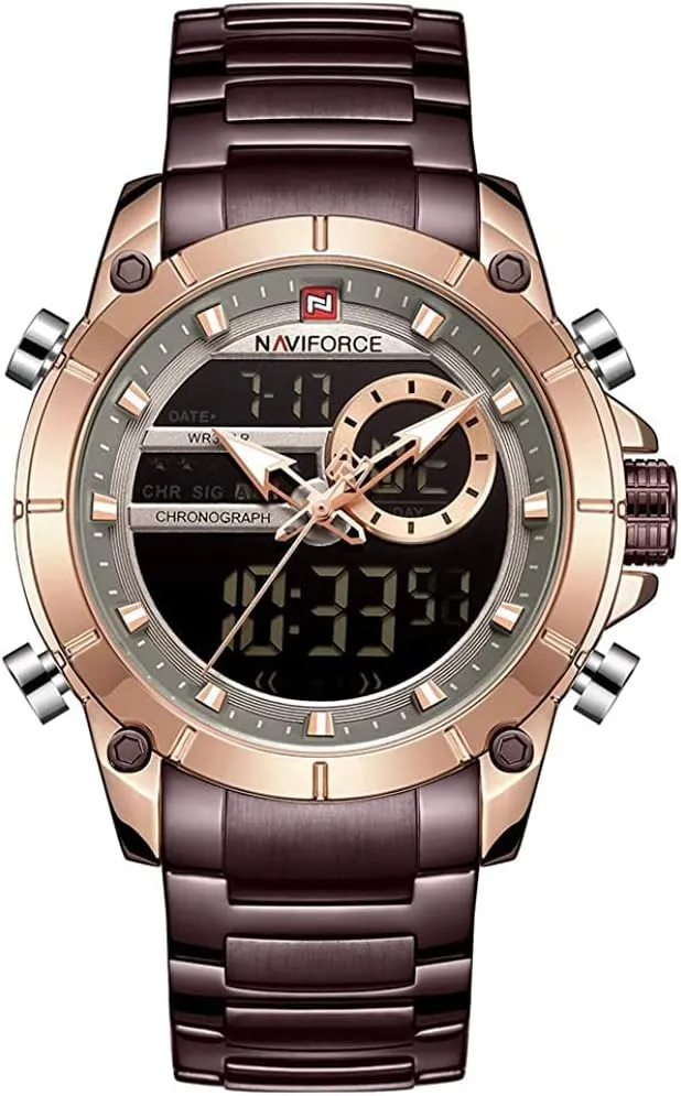 NAVIFORCE Watch for Men Dual Display Digital Quartz Watches Multifunctional Business Stainless Steel Wristwatch (Rose Gold   Coffee)