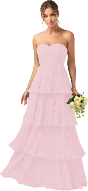 Nicktane Strapless Prom Dresses Tiered Bridesmaid Dresses Ruffle Long Formal Evening Gowns