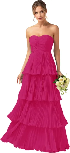 Nicktane Strapless Prom Dresses Tiered Bridesmaid Dresses Ruffle Long Formal Evening Gowns