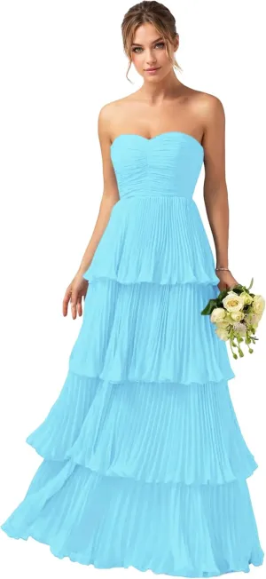 Nicktane Strapless Prom Dresses Tiered Bridesmaid Dresses Ruffle Long Formal Evening Gowns