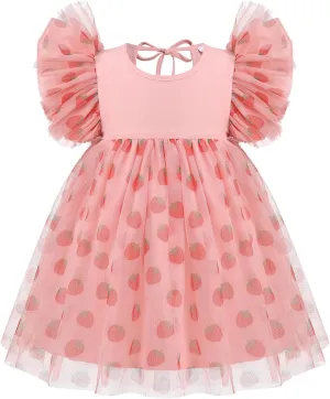 OBEEII Baby Girls Tutu Dress Flutter Sleeve Strawberry Rainbow Tulle Birthday Party Dress Boho Flower Girl Summer Sundress