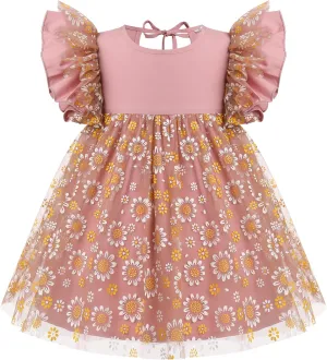 OBEEII Baby Girls Tutu Dress Flutter Sleeve Strawberry Rainbow Tulle Birthday Party Dress Boho Flower Girl Summer Sundress