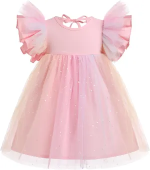 OBEEII Baby Girls Tutu Dress Flutter Sleeve Strawberry Rainbow Tulle Birthday Party Dress Boho Flower Girl Summer Sundress