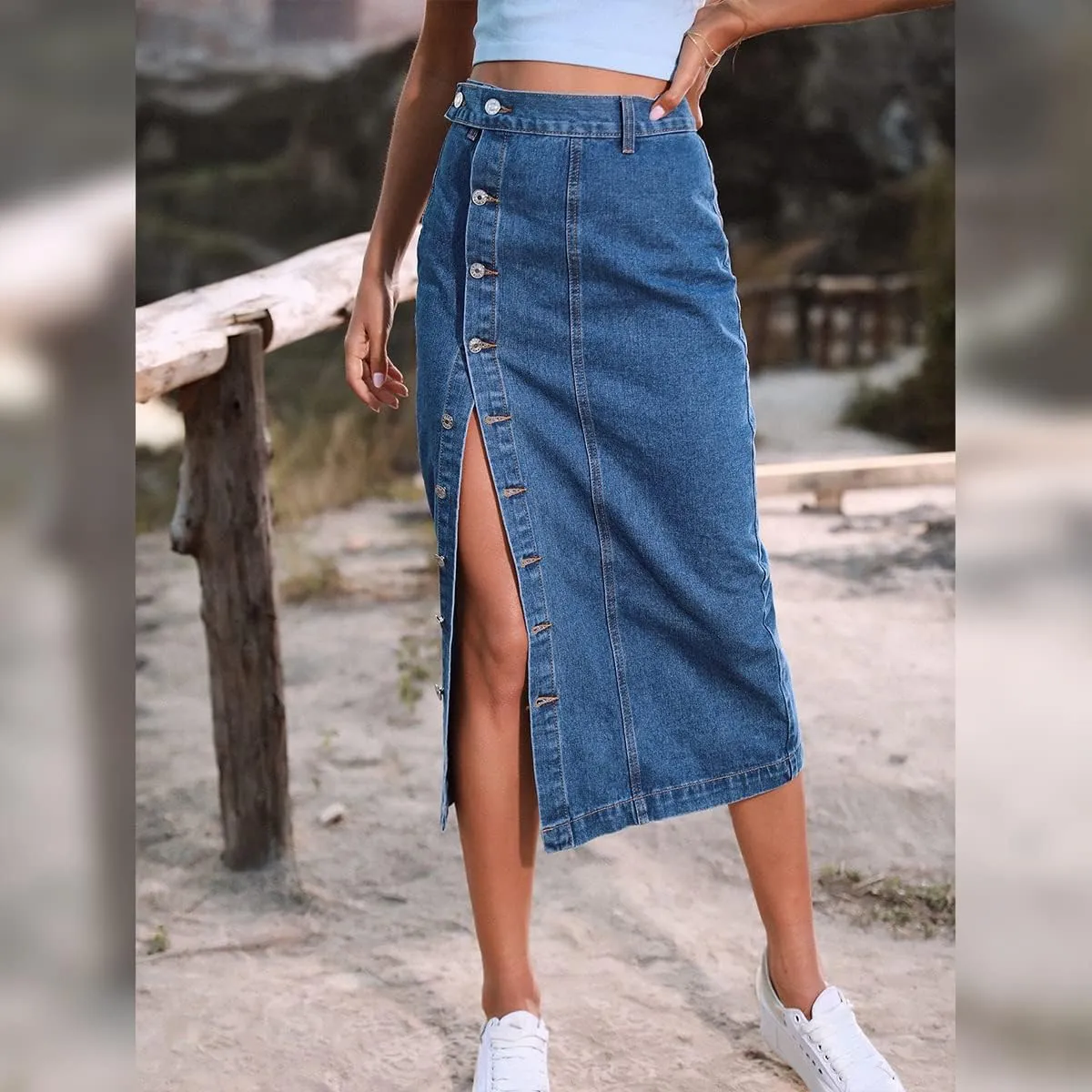 OBEEII Women's Denim Skirts Midi Length High Waist Button Split Hem Long Bodycon Pencil Skirt