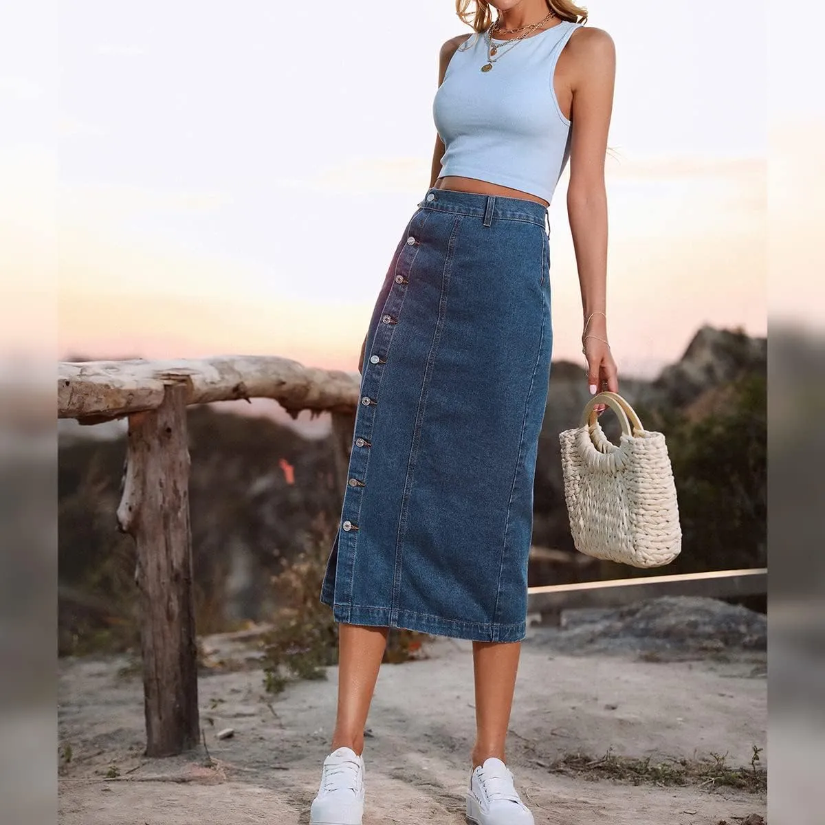 OBEEII Women's Denim Skirts Midi Length High Waist Button Split Hem Long Bodycon Pencil Skirt