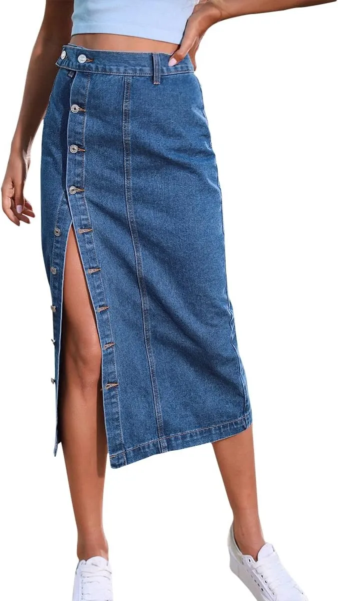 OBEEII Women's Denim Skirts Midi Length High Waist Button Split Hem Long Bodycon Pencil Skirt