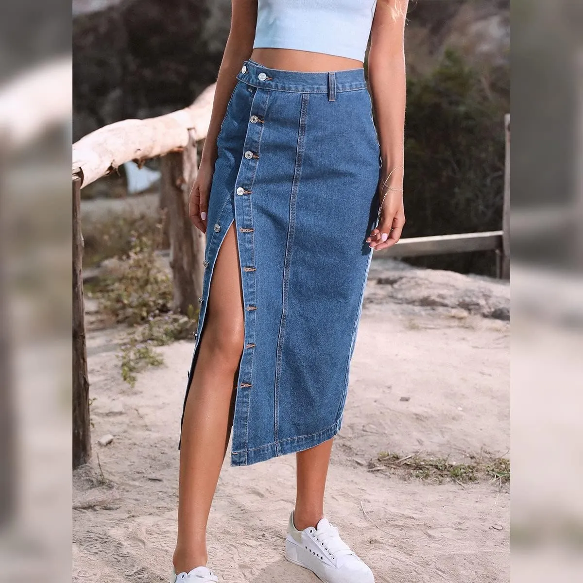 OBEEII Women's Denim Skirts Midi Length High Waist Button Split Hem Long Bodycon Pencil Skirt