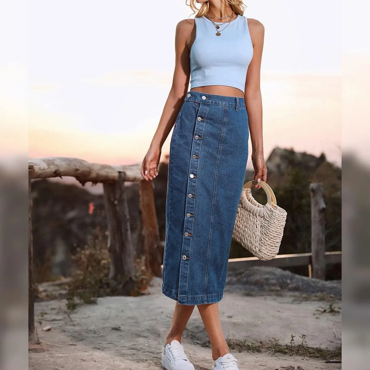 OBEEII Women's Denim Skirts Midi Length High Waist Button Split Hem Long Bodycon Pencil Skirt