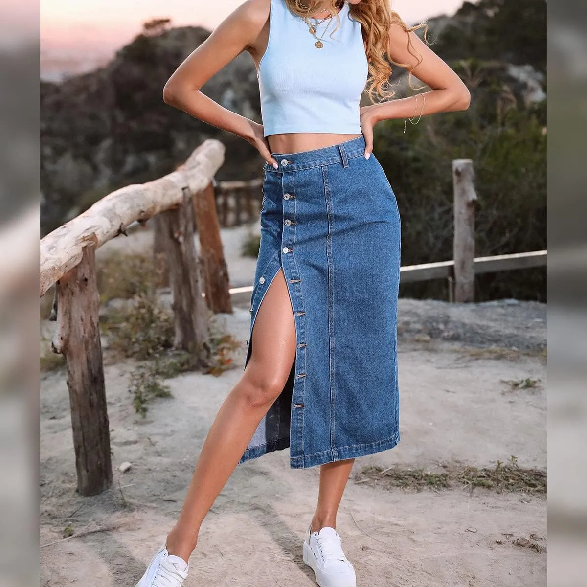 OBEEII Women's Denim Skirts Midi Length High Waist Button Split Hem Long Bodycon Pencil Skirt