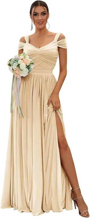 Off The Shoulder Plus Size Bridesmaid Dresses with Slit Chiffon Long Champagne Formal Evening Gown for Women Size 24W
