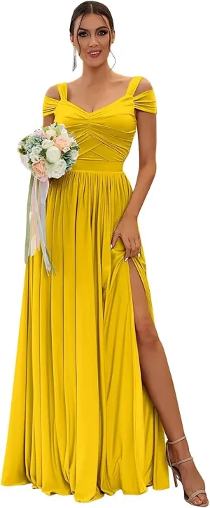 Off The Shoulder Plus Size Bridesmaid Dresses with Slit Chiffon Long Mustard Yellow Formal Evening Gown for Women Size 24W