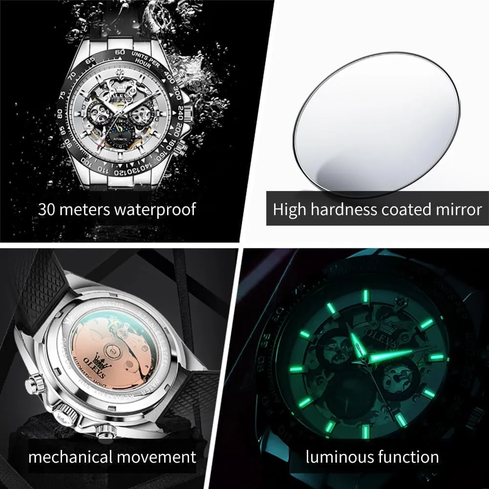 OLEVS Mens Automatic Watches Self Winding Tourbillon Skeleton Date Waterproof Luminous Diamond Luxury Business Dress Wrist Watches