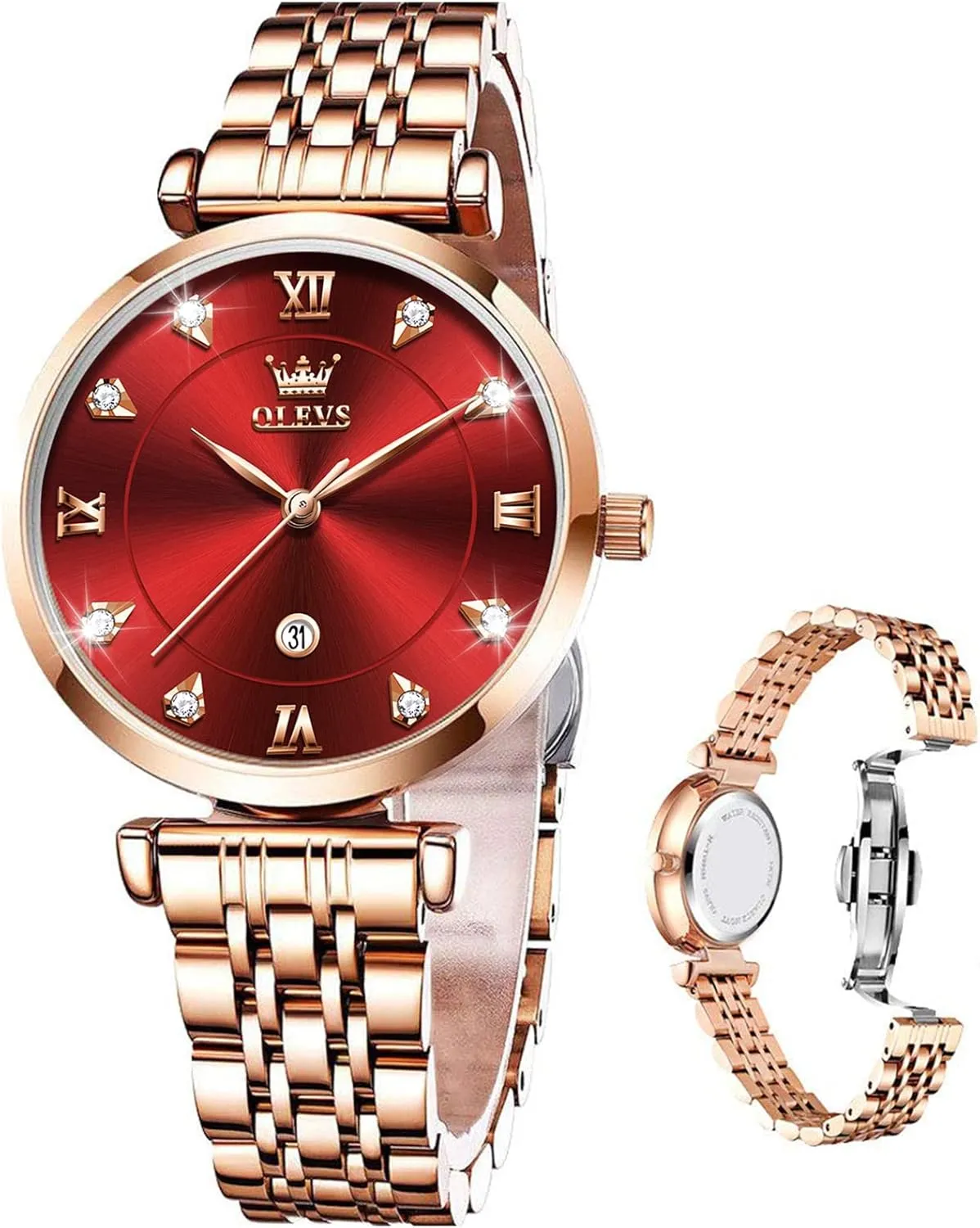 OLEVS Women Watches Simple Dress Ladies Watch Rose Gold Stainless Steel Watch Waterproof Quartz Date Luxury Diamond Small Wristwatch Fashion Analog Female Reloj Mujer Blue White Green Red Yellow Face