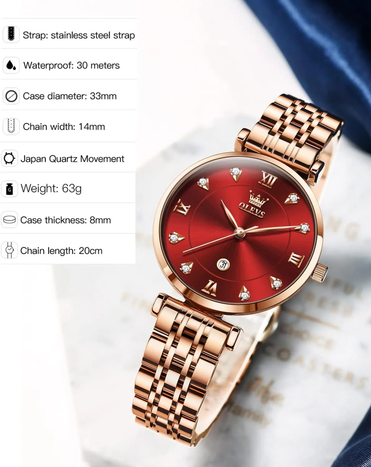 OLEVS Women Watches Simple Dress Ladies Watch Rose Gold Stainless Steel Watch Waterproof Quartz Date Luxury Diamond Small Wristwatch Fashion Analog Female Reloj Mujer Blue White Green Red Yellow Face