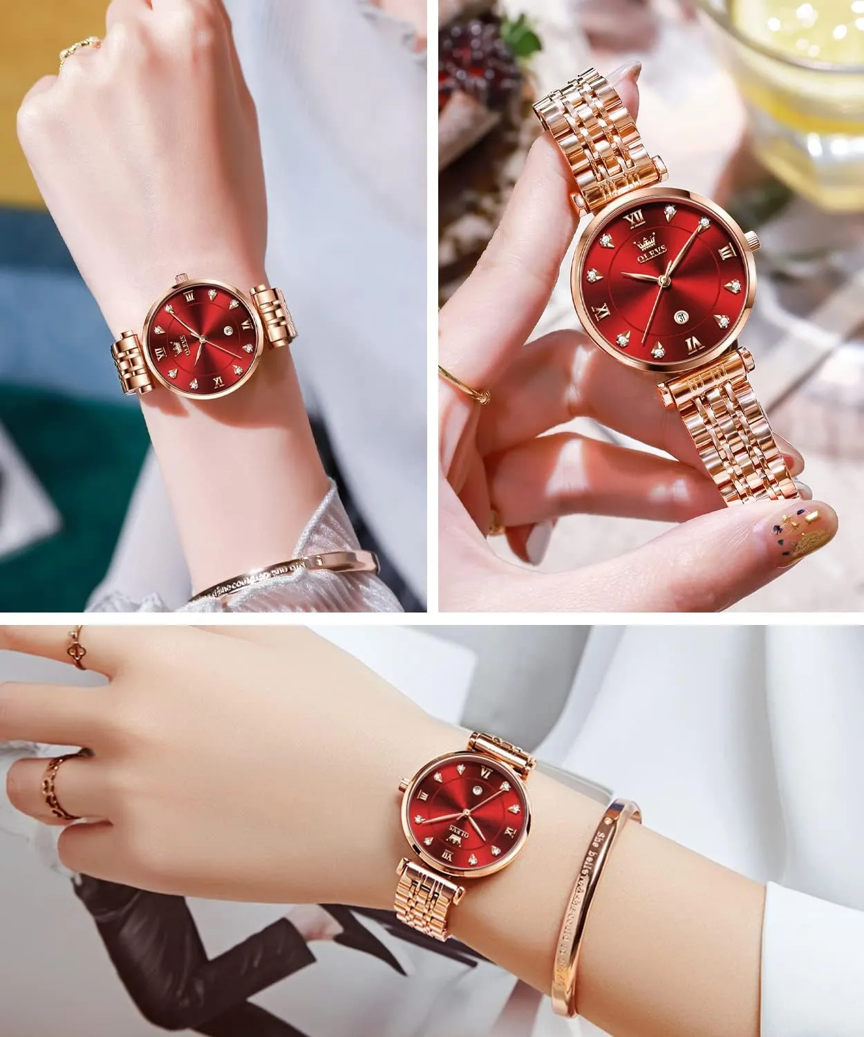 OLEVS Women Watches Simple Dress Ladies Watch Rose Gold Stainless Steel Watch Waterproof Quartz Date Luxury Diamond Small Wristwatch Fashion Analog Female Reloj Mujer Blue White Green Red Yellow Face
