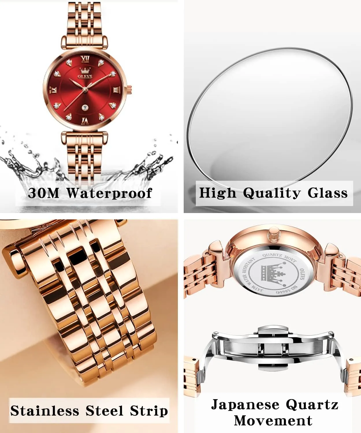 OLEVS Women Watches Simple Dress Ladies Watch Rose Gold Stainless Steel Watch Waterproof Quartz Date Luxury Diamond Small Wristwatch Fashion Analog Female Reloj Mujer Blue White Green Red Yellow Face