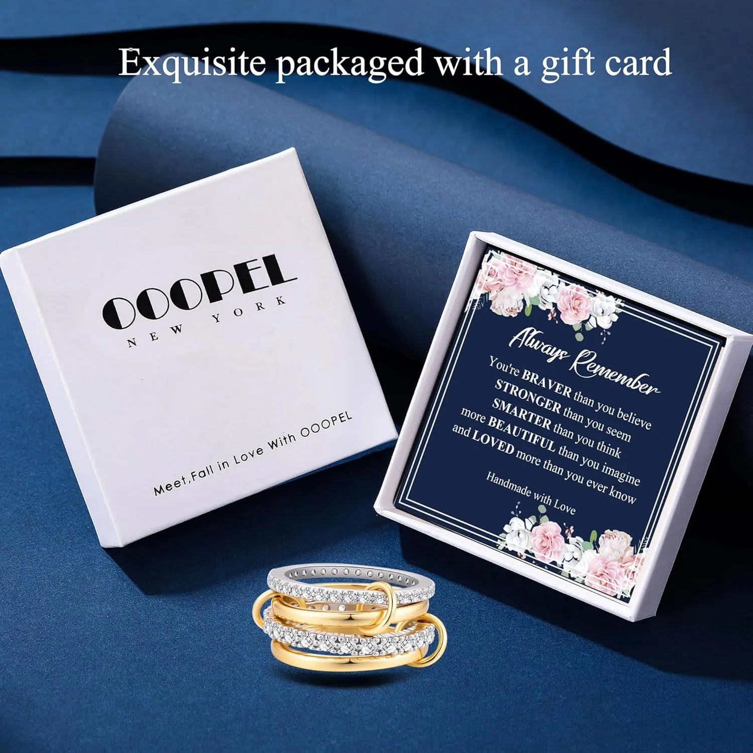 OOOPEL Gold Stackable Rings for Women Non Tarnish 14K Gold Plated Rings and 925 Sterling Silver Cubic Zirconia Ring Hypoallergenic Interlocking Mixed Metals Stacked Ring Set Size 6-10 Jewelry Gifts