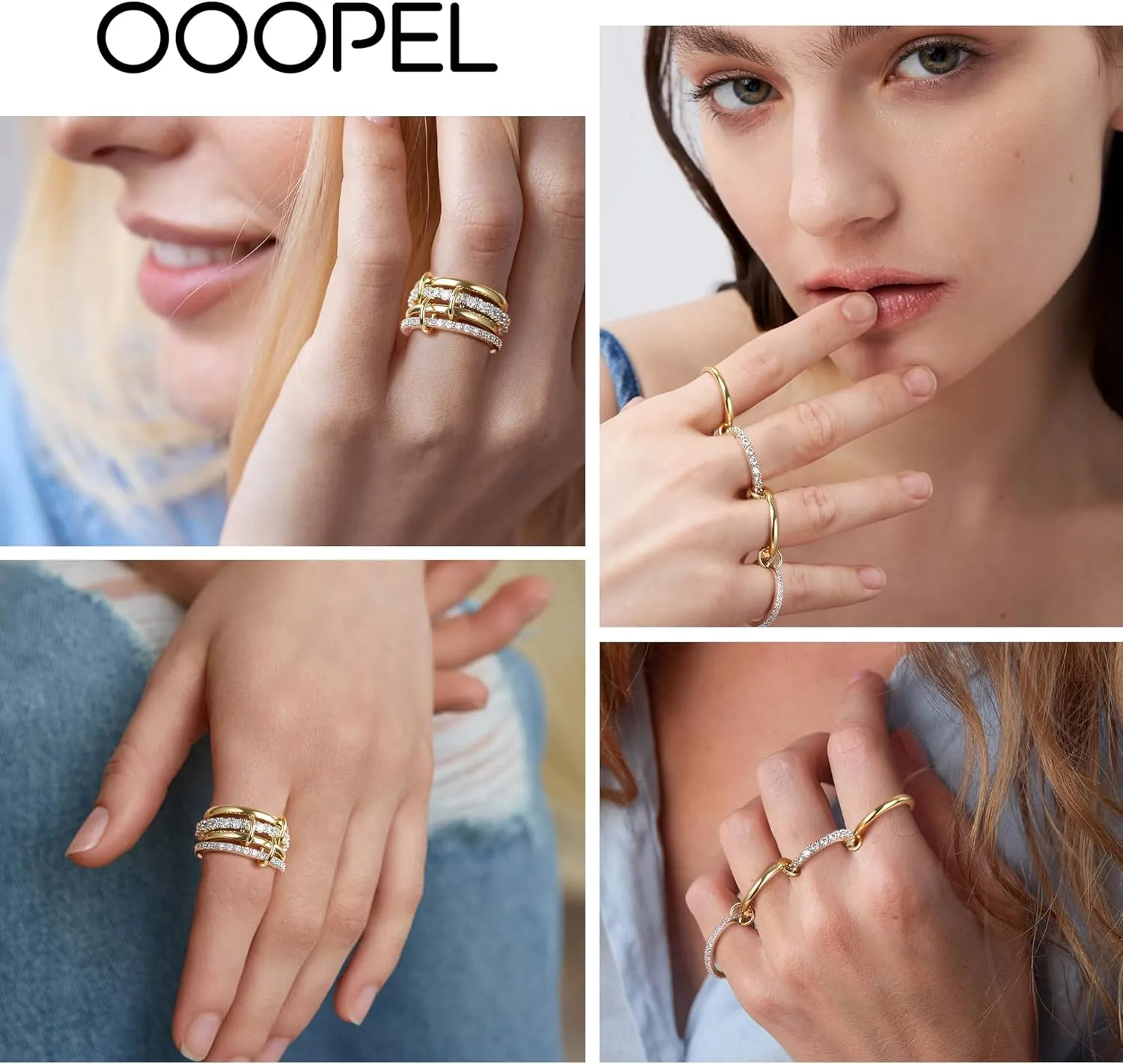 OOOPEL Gold Stackable Rings for Women Non Tarnish 14K Gold Plated Rings and 925 Sterling Silver Cubic Zirconia Ring Hypoallergenic Interlocking Mixed Metals Stacked Ring Set Size 6-10 Jewelry Gifts