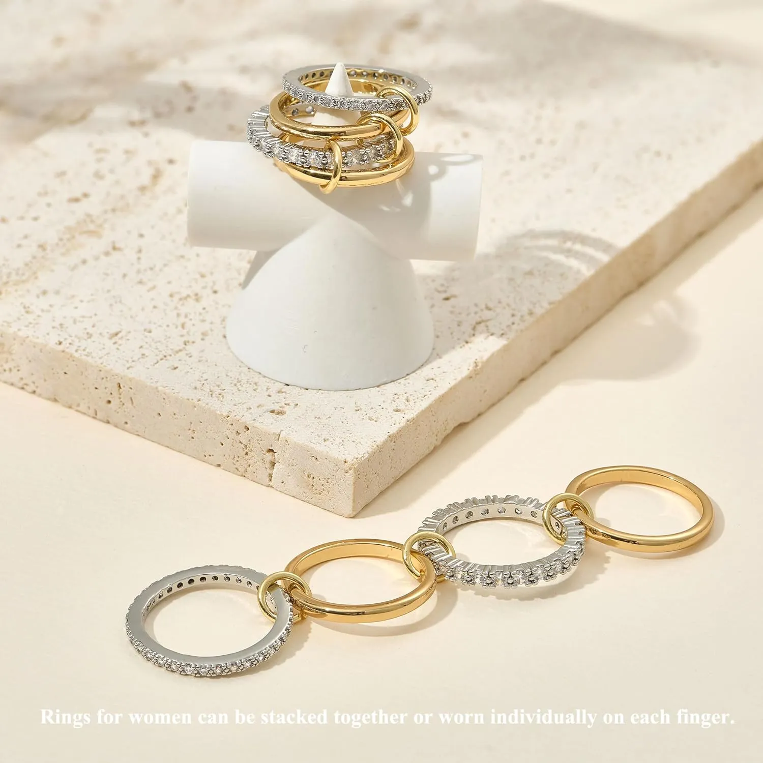 OOOPEL Gold Stackable Rings for Women Non Tarnish 14K Gold Plated Rings and 925 Sterling Silver Cubic Zirconia Ring Hypoallergenic Interlocking Mixed Metals Stacked Ring Set Size 6-10 Jewelry Gifts