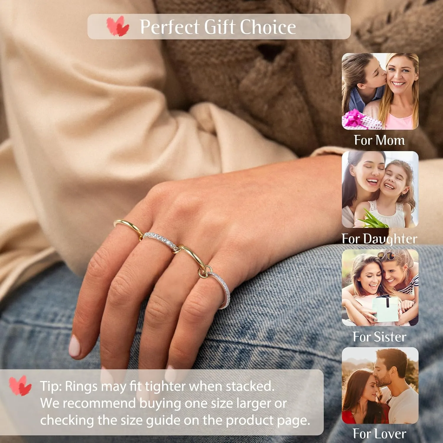 OOOPEL Gold Stackable Rings for Women Non Tarnish 14K Gold Plated Rings and 925 Sterling Silver Cubic Zirconia Ring Hypoallergenic Interlocking Mixed Metals Stacked Ring Set Size 6-10 Jewelry Gifts
